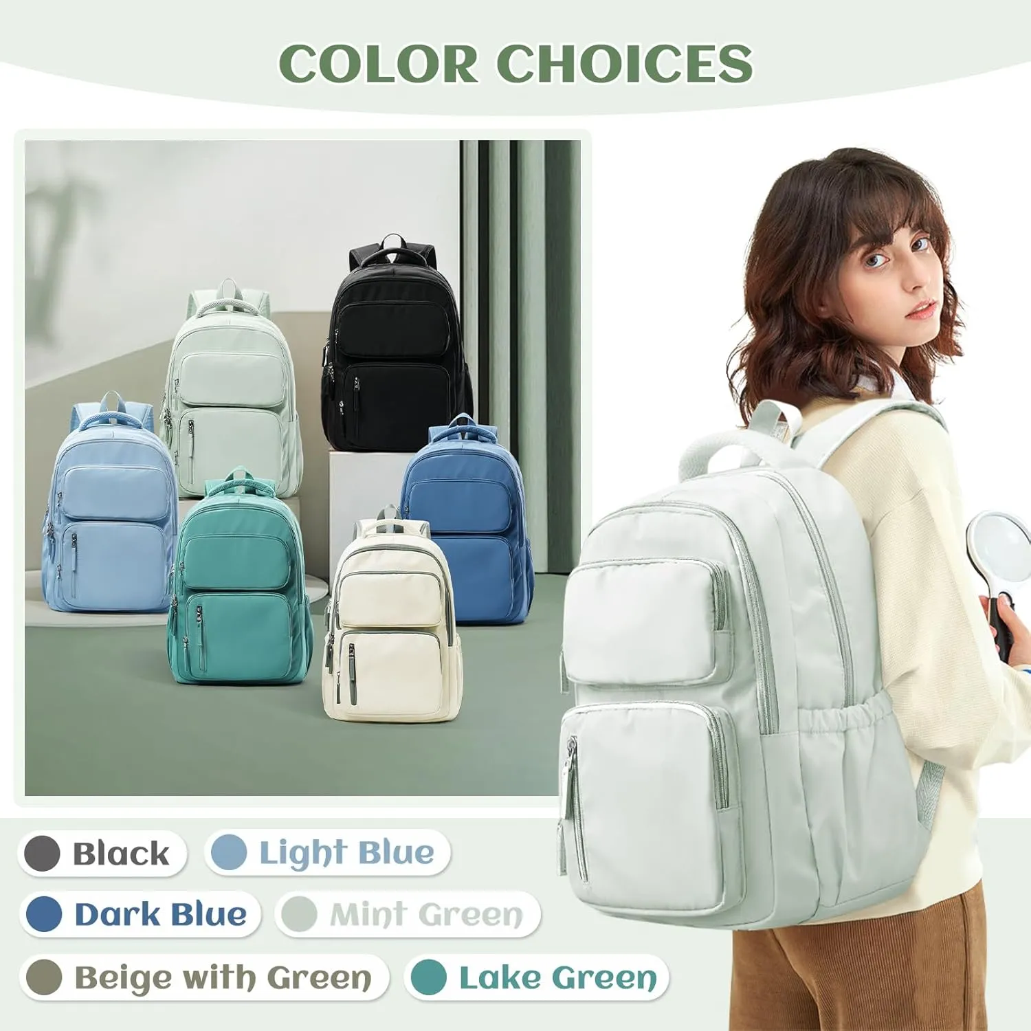 School Backpack for Teens Girls Waterproof Bookbags Multi-pocket Middle School Backpacks for Boys Aesthetic School Bag College Laptop Backpack for Women Casual Daypacks Mint Green