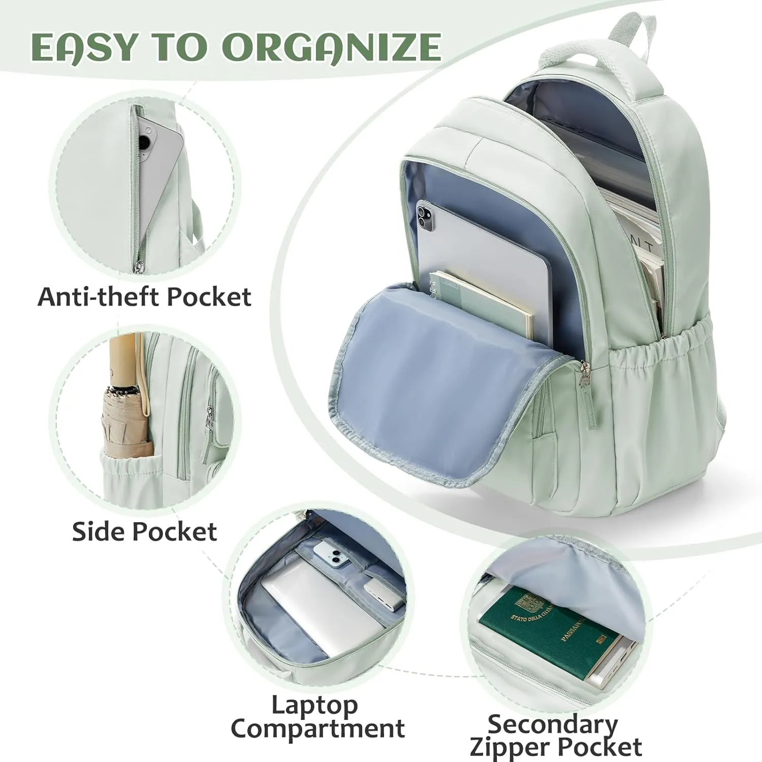 School Backpack for Teens Girls Waterproof Bookbags Multi-pocket Middle School Backpacks for Boys Aesthetic School Bag College Laptop Backpack for Women Casual Daypacks Mint Green