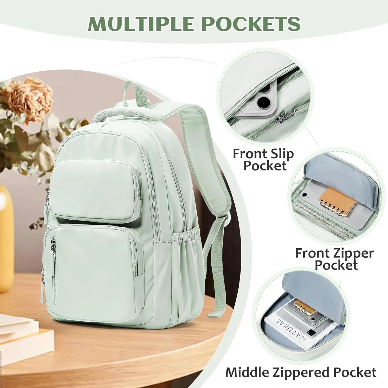 School Backpack for Teens Girls Waterproof Bookbags Multi-pocket Middle School Backpacks for Boys Aesthetic School Bag College Laptop Backpack for Women Casual Daypacks Mint Green
