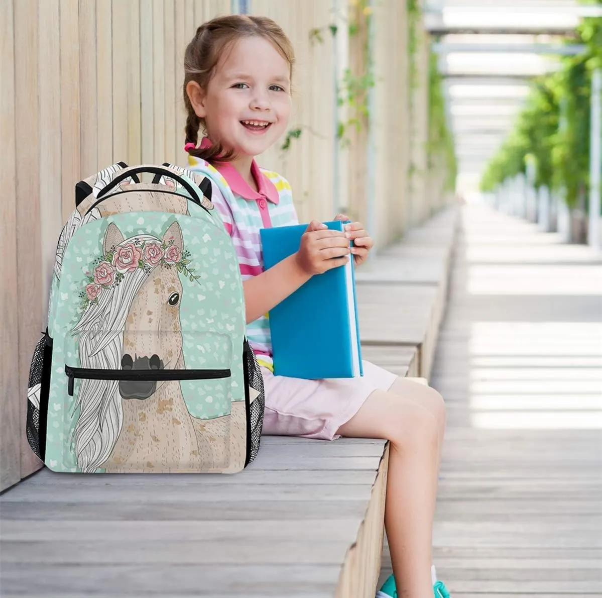 School Backpacks Flower Horse Student Backpack Big For Girls Kids Elementary School Shoulder Bag Bookbag
