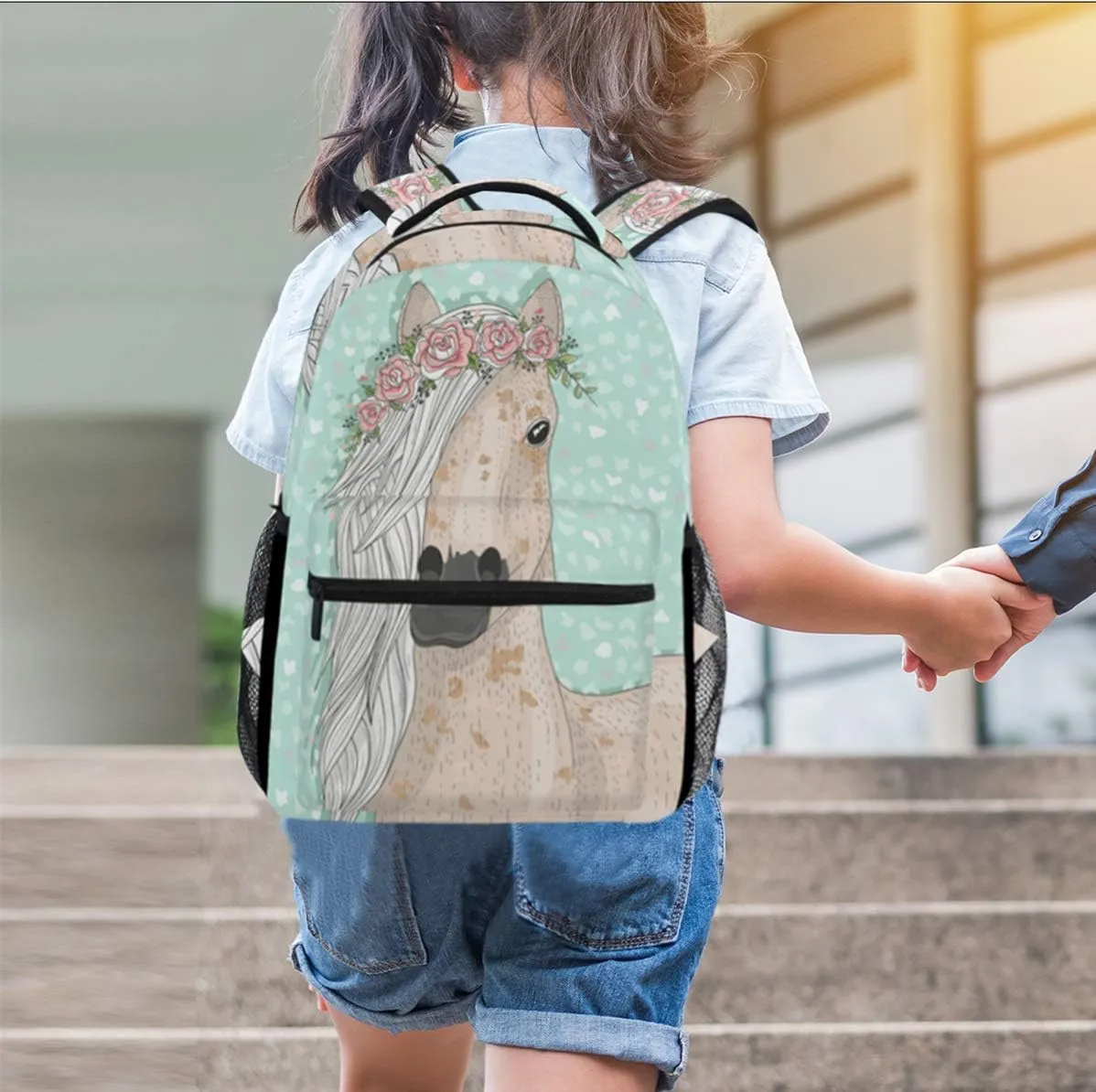 School Backpacks Flower Horse Student Backpack Big For Girls Kids Elementary School Shoulder Bag Bookbag