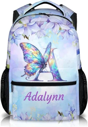 School Bag for Girls 3-10, Personalized Butterfly Backpack, Cute Initial Name Backpack, 17 Inch Custom Student Bookbag for Travel, Work and School