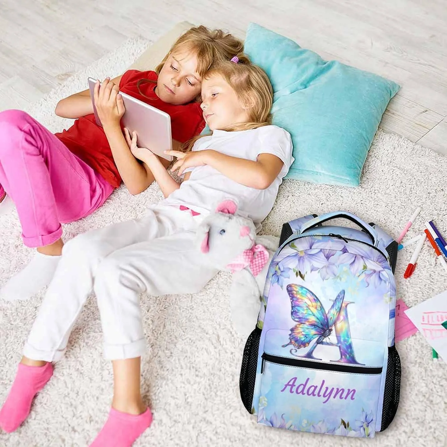 School Bag for Girls 3-10, Personalized Butterfly Backpack, Cute Initial Name Backpack, 17 Inch Custom Student Bookbag for Travel, Work and School
