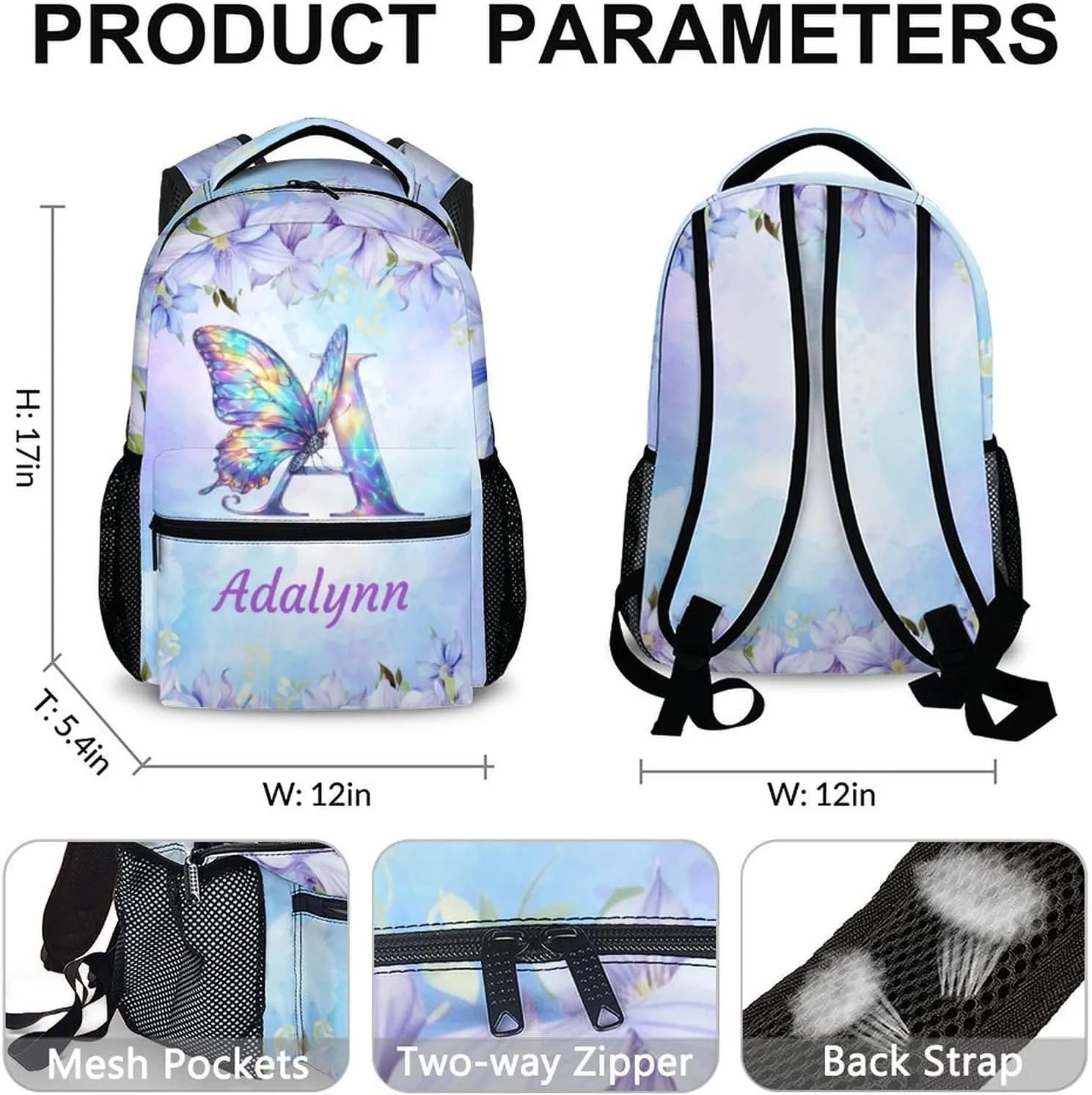School Bag for Girls 3-10, Personalized Butterfly Backpack, Cute Initial Name Backpack, 17 Inch Custom Student Bookbag for Travel, Work and School