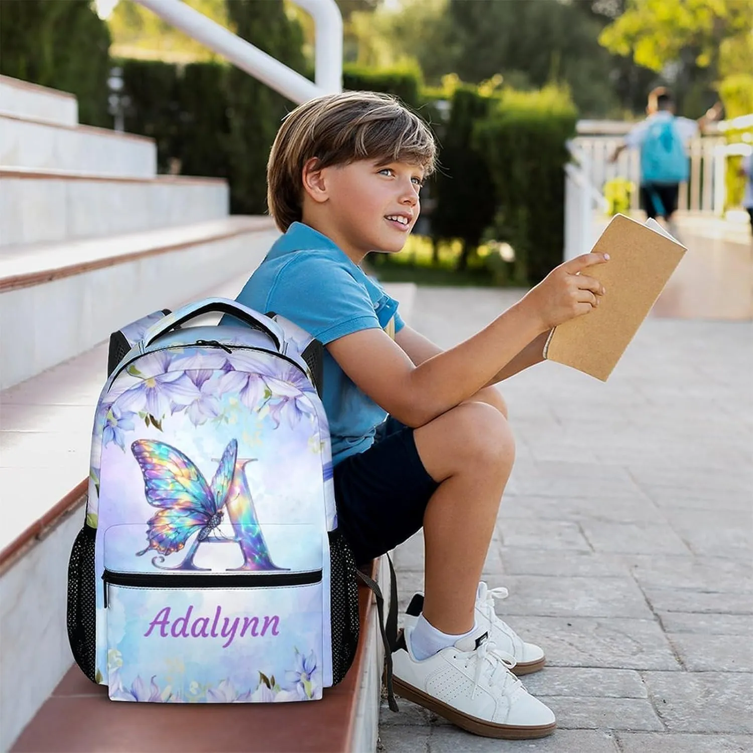 School Bag for Girls 3-10, Personalized Butterfly Backpack, Cute Initial Name Backpack, 17 Inch Custom Student Bookbag for Travel, Work and School