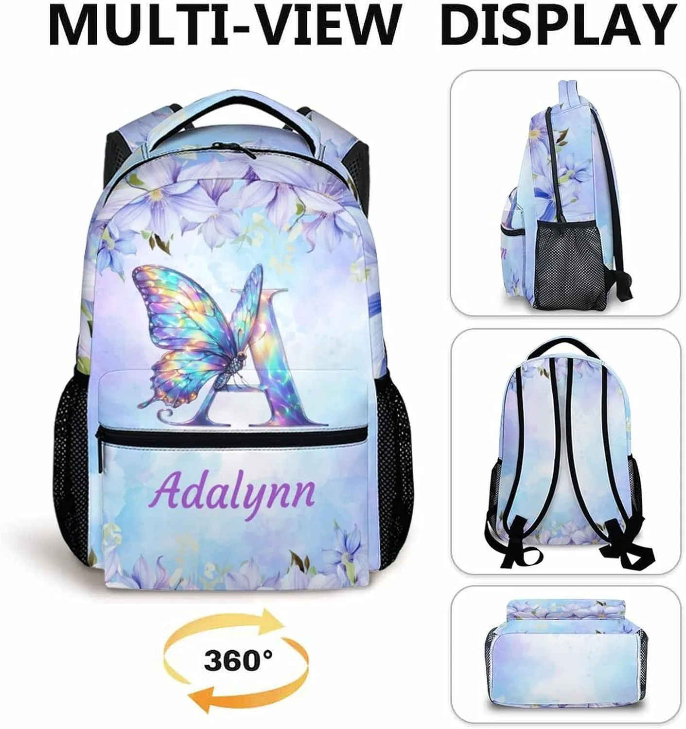 School Bag for Girls 3-10, Personalized Butterfly Backpack, Cute Initial Name Backpack, 17 Inch Custom Student Bookbag for Travel, Work and School