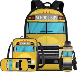 School Bus Kids School Backpack for Boys Large Capacity School Bag with Pencil Case Water Bottle Sleeve and Thermos Lunchbox Lightweight Bookbags for 5Th Grade Girls