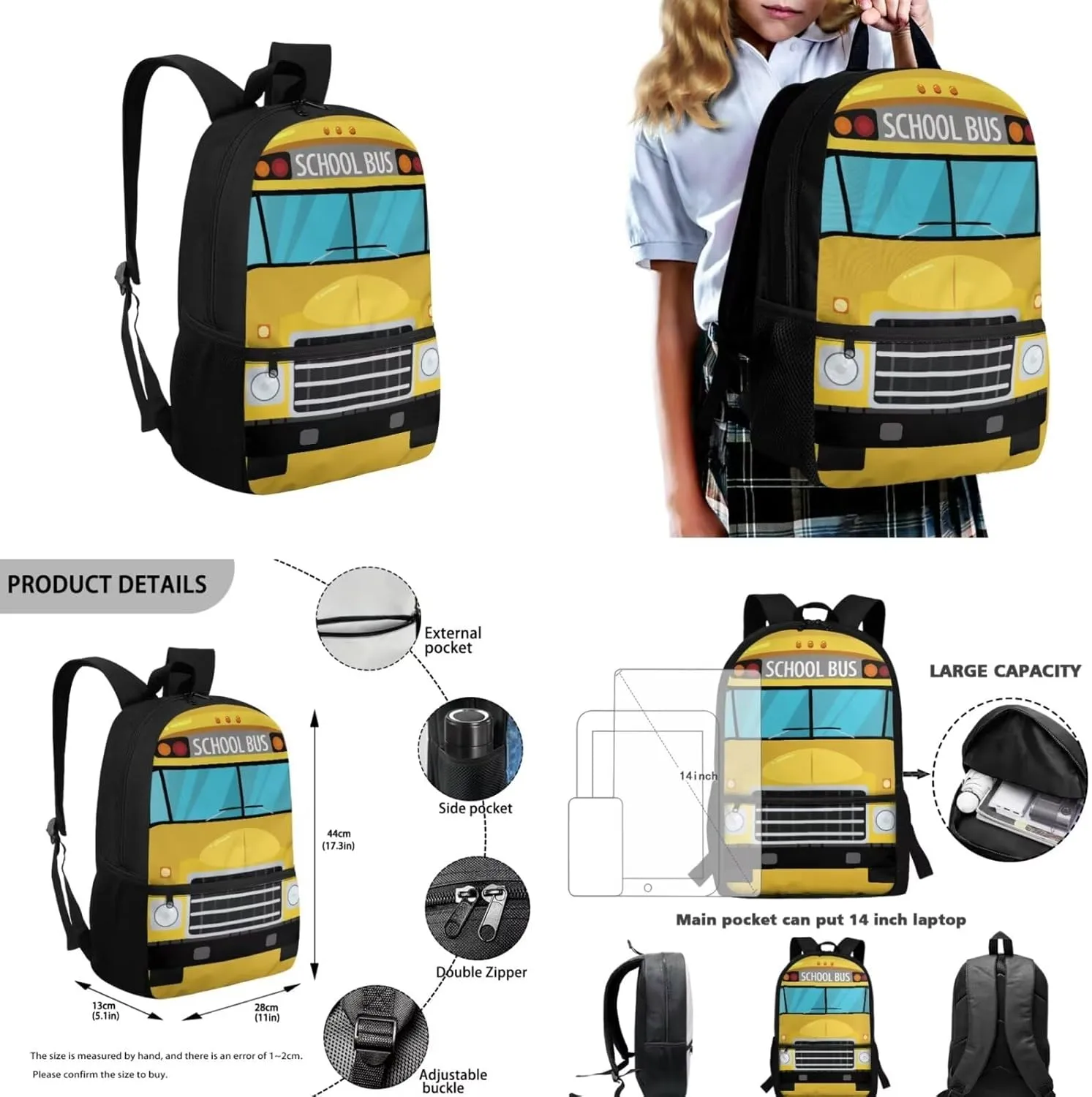 School Bus Kids School Backpack for Boys Large Capacity School Bag with Pencil Case Water Bottle Sleeve and Thermos Lunchbox Lightweight Bookbags for 5Th Grade Girls