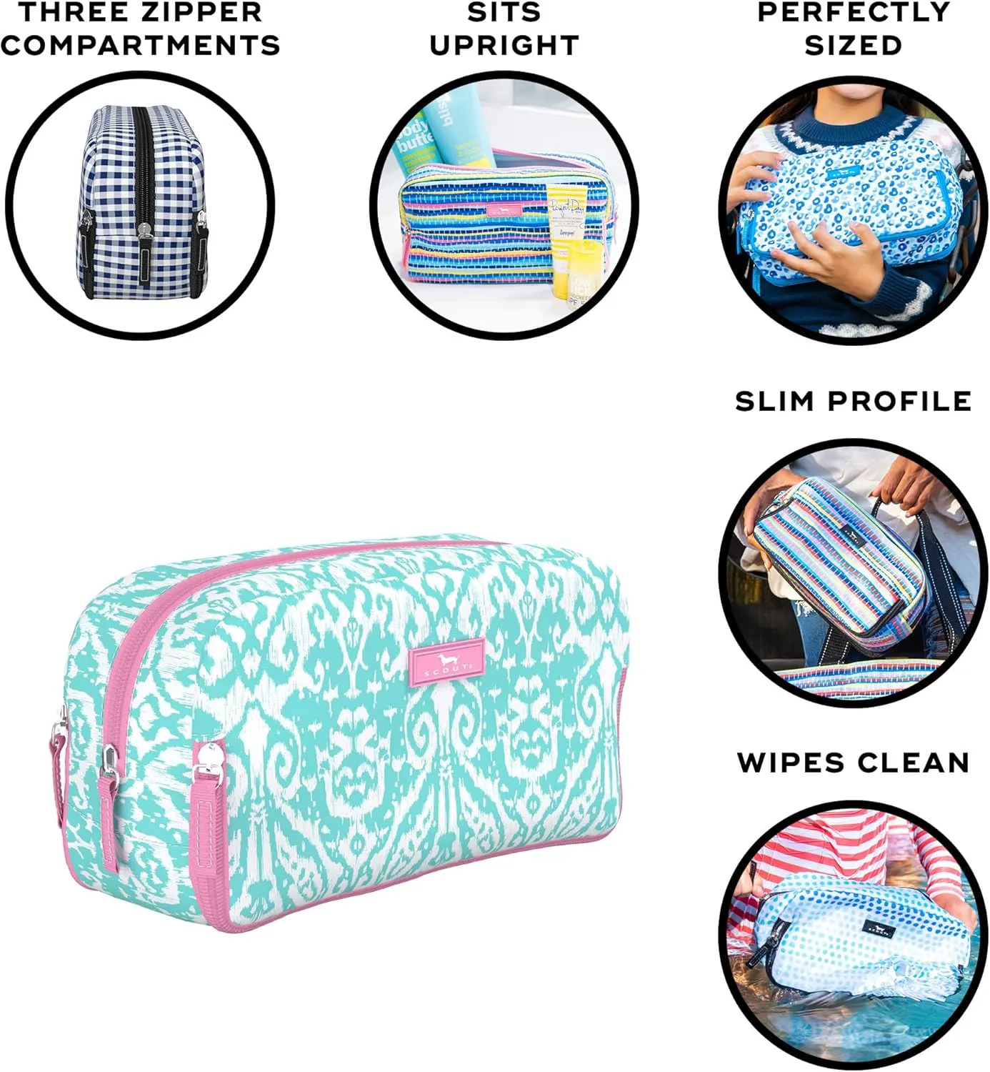 SCOUT 3-Way Bag - Travel Makeup Pouch and Toiletry Bag for Women with Three Zipper Compartments - Stands Upright, Wipes Clean