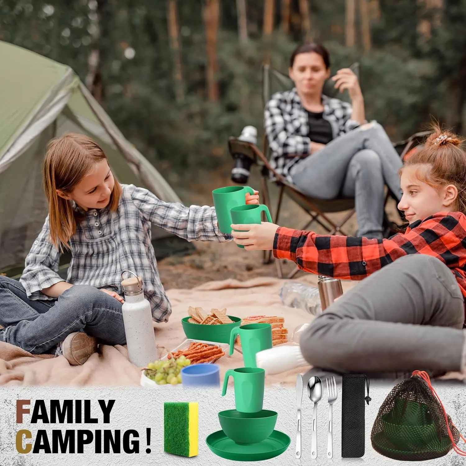 Scout Camping Mess Kit for 1 Person Boy Scout Dishes Set Girl Scout Mess Kit with Mesh Bag Reusable Light Weight Eating Utensils Plastic Camping Cutlery Set for Travel Camp