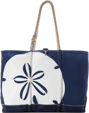Sea Bags Recycled Sail Cloth White on Navy Sand Dollar Beach Tote Water Resistant Boating Beach Bag, Large Travel Tote Interior and Exterior Pockets