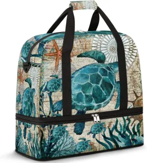 Sea Turtle Nautical Map Travel Duffel Bag, Sport Gym Bag with Shoe Compartment Shoulder weekender Bag Foldable Overnight Bag for Women Men