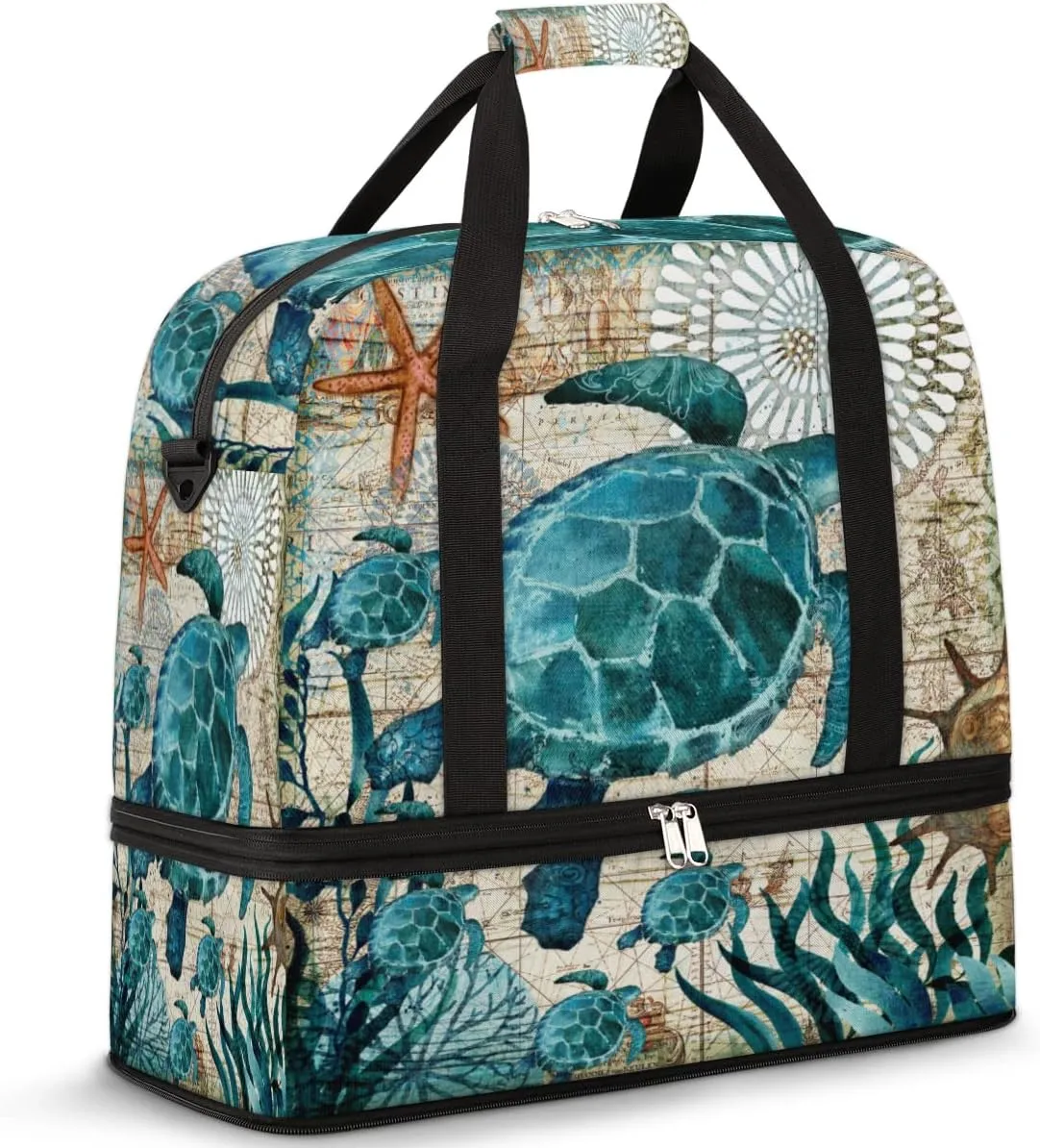 Sea Turtle Nautical Map Travel Duffel Bag, Sport Gym Bag with Shoe Compartment Shoulder weekender Bag Foldable Overnight Bag for Women Men