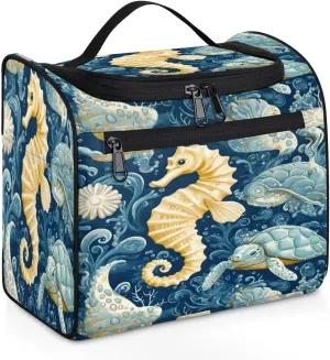 Seahorse Travel Toiletry Bag for Women Large Capacity Wide-open Makeup Organizer Cosmetic Travel Bags for Toiletries, Ocean Beach