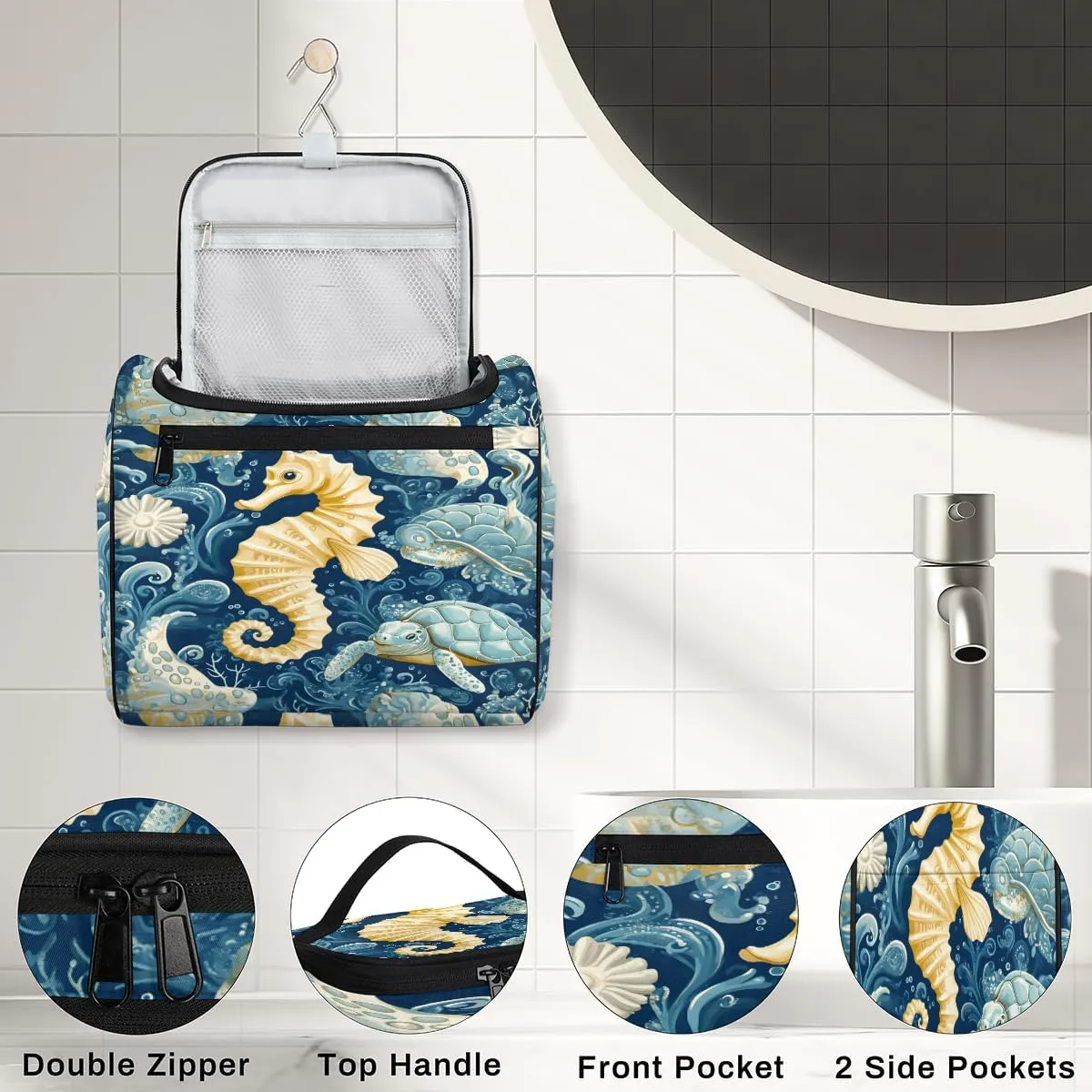 Seahorse Travel Toiletry Bag for Women Large Capacity Wide-open Makeup Organizer Cosmetic Travel Bags for Toiletries, Ocean Beach
