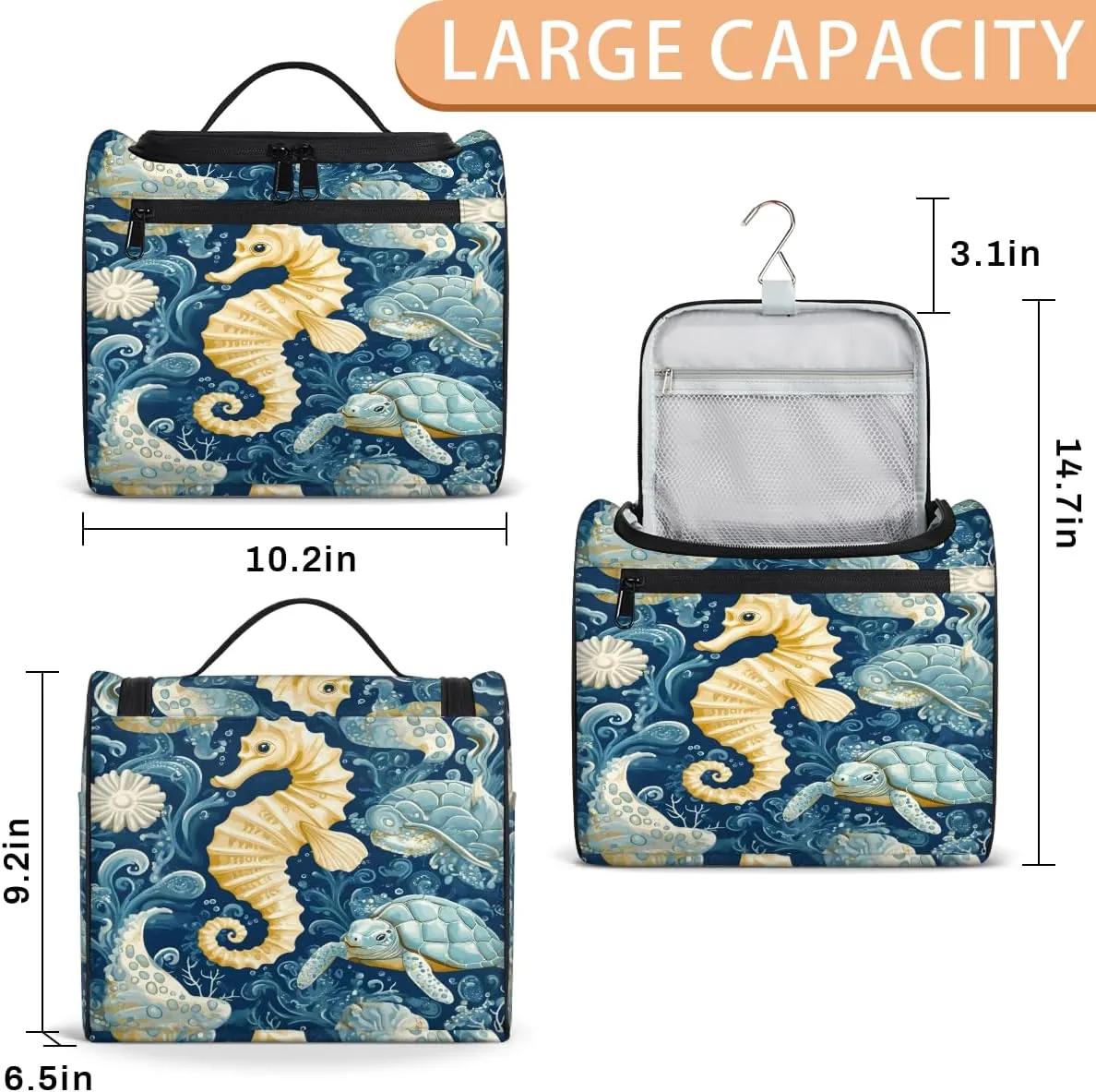 Seahorse Travel Toiletry Bag for Women Large Capacity Wide-open Makeup Organizer Cosmetic Travel Bags for Toiletries, Ocean Beach