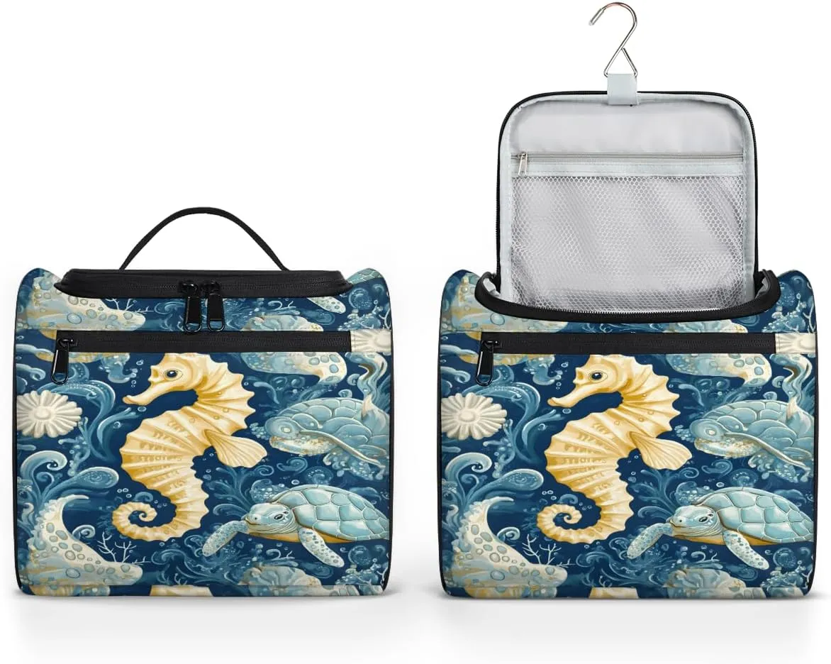 Seahorse Travel Toiletry Bag for Women Large Capacity Wide-open Makeup Organizer Cosmetic Travel Bags for Toiletries, Ocean Beach