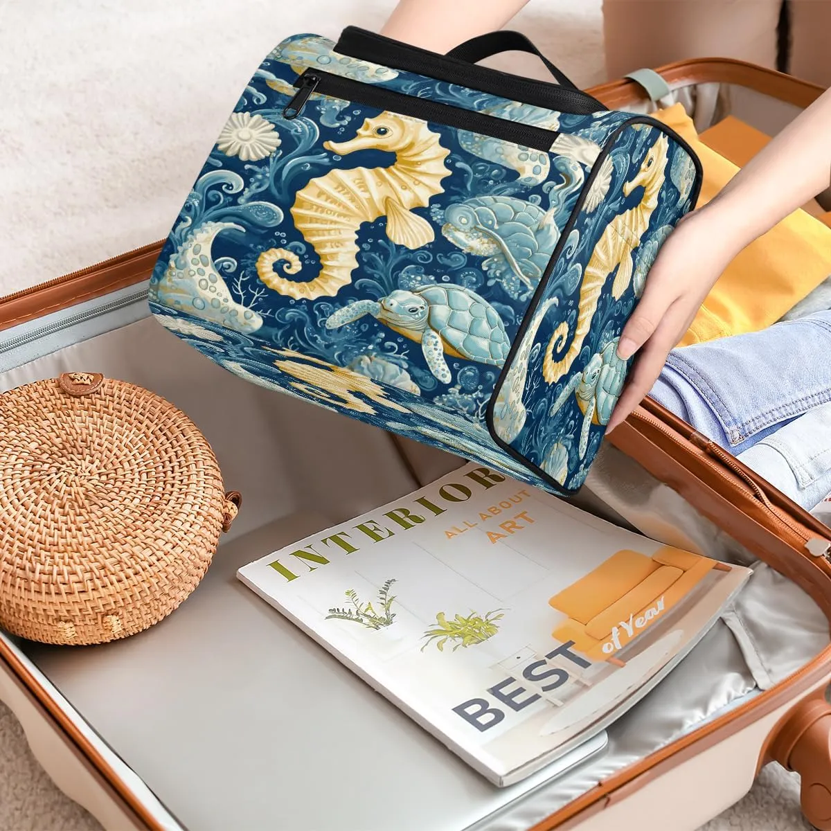 Seahorse Travel Toiletry Bag for Women Large Capacity Wide-open Makeup Organizer Cosmetic Travel Bags for Toiletries, Ocean Beach