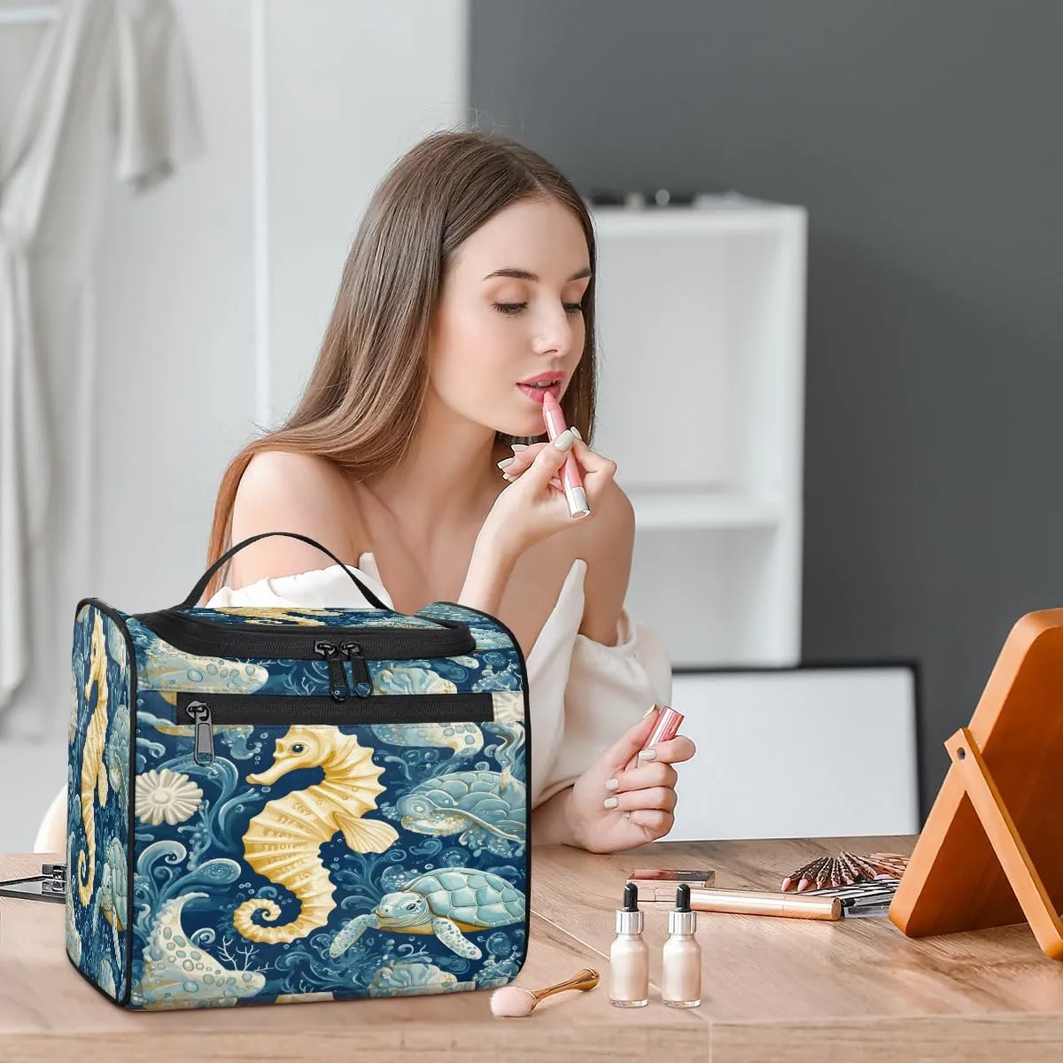 Seahorse Travel Toiletry Bag for Women Large Capacity Wide-open Makeup Organizer Cosmetic Travel Bags for Toiletries, Ocean Beach