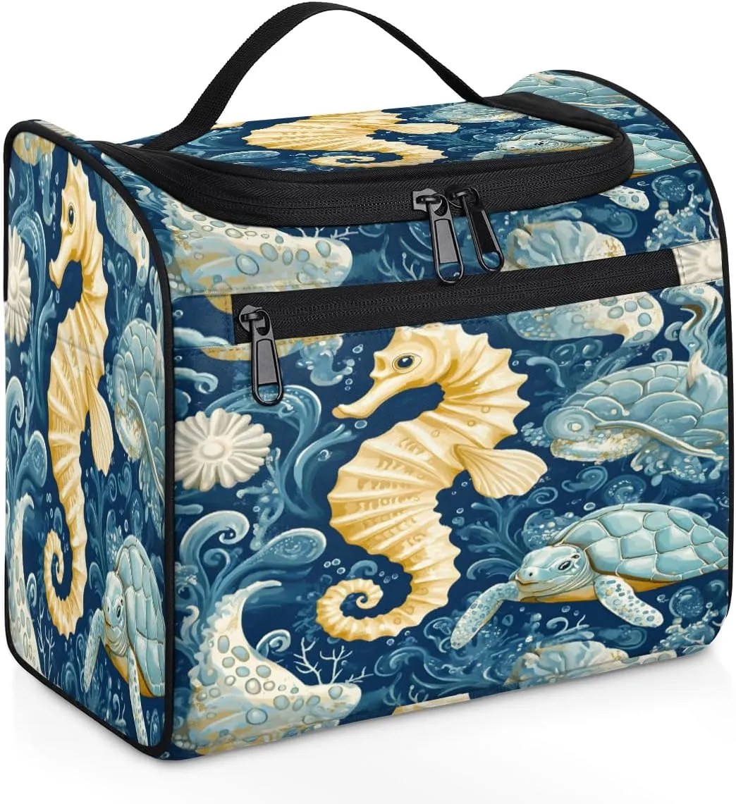 Seahorse Travel Toiletry Bag for Women Large Capacity Wide-open Makeup Organizer Cosmetic Travel Bags for Toiletries, Ocean Beach