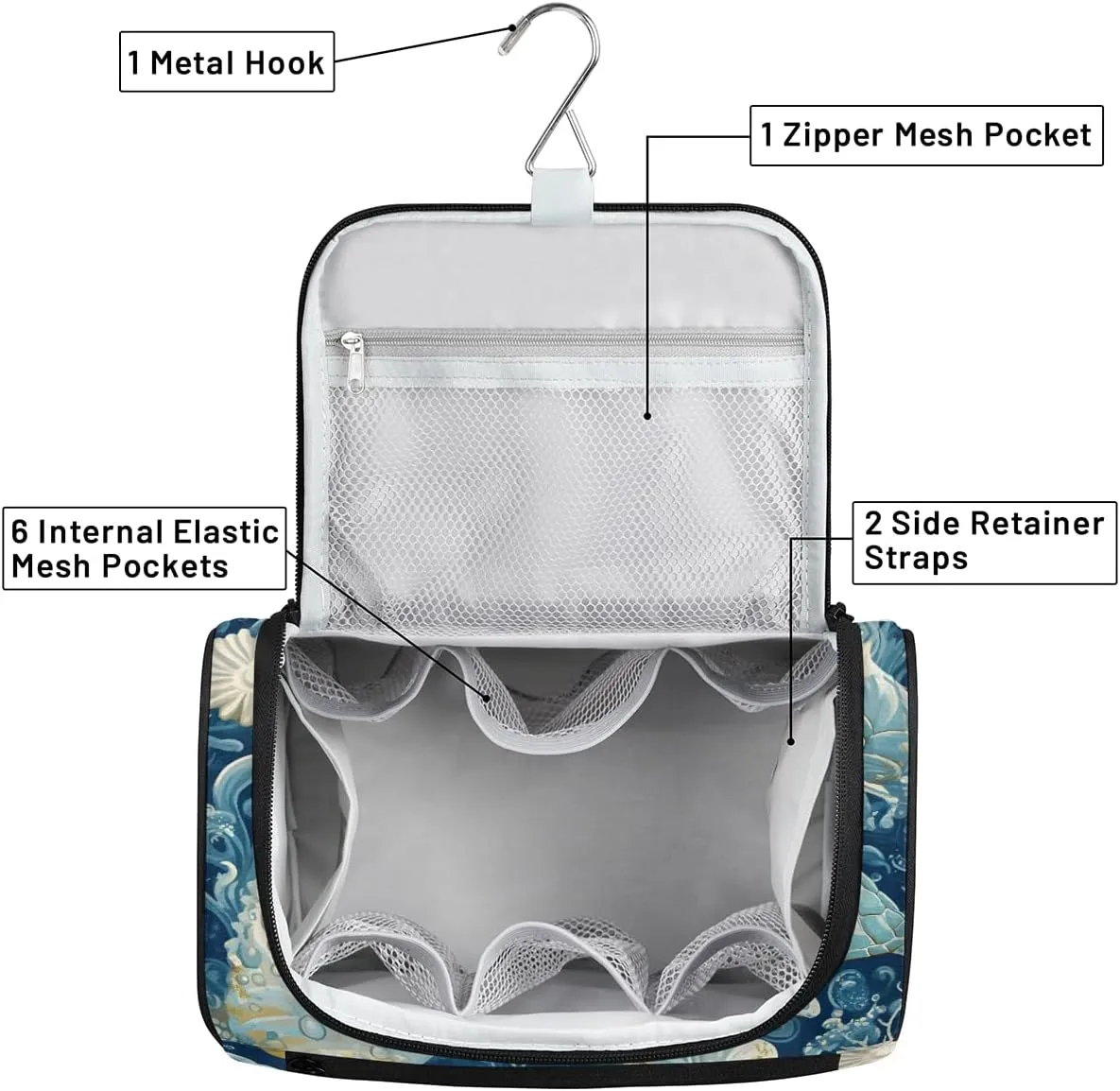 Seahorse Travel Toiletry Bag for Women Large Capacity Wide-open Makeup Organizer Cosmetic Travel Bags for Toiletries, Ocean Beach
