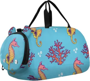 Seahorses and Corals Pattern Gym Travel Duffel Bag with Shoe Compartment for Boys Girls - Gymnastics Sports Dance Football Travel Bag Teens Weekender Sleepover