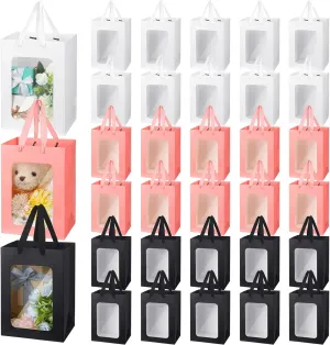 Seajan 30 Pcs Kraft Paper Gift Bags with Transparent Window 9.8 x 7.1 x 5.1 Inch Kraft Shopping Bags Bulk Flower Box with Handles Gift Wrap Pouch for Mothers Day Bouquet Bridal Shopping Presents