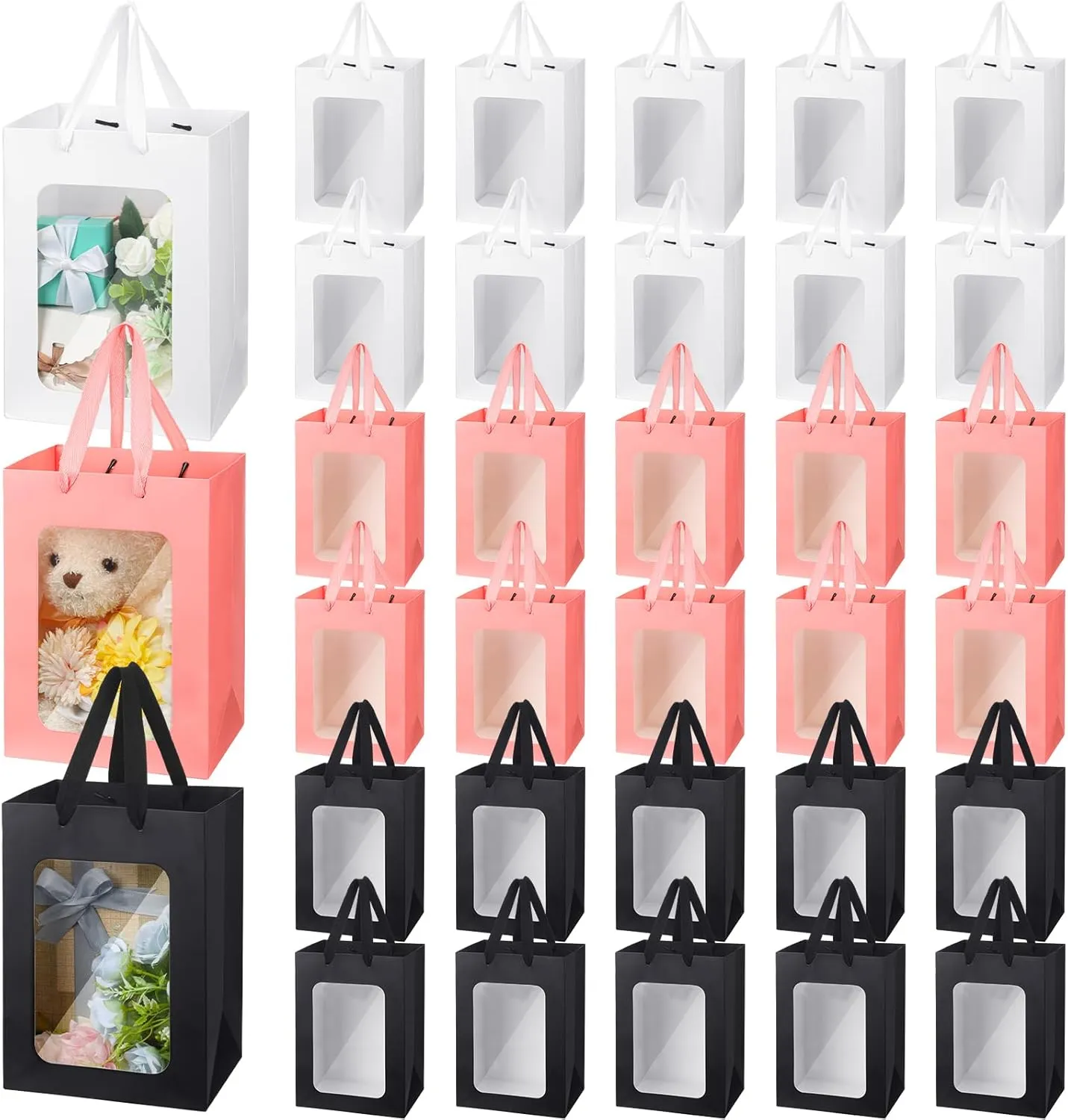 Seajan 30 Pcs Kraft Paper Gift Bags with Transparent Window 9.8 x 7.1 x 5.1 Inch Kraft Shopping Bags Bulk Flower Box with Handles Gift Wrap Pouch for Mothers Day Bouquet Bridal Shopping Presents