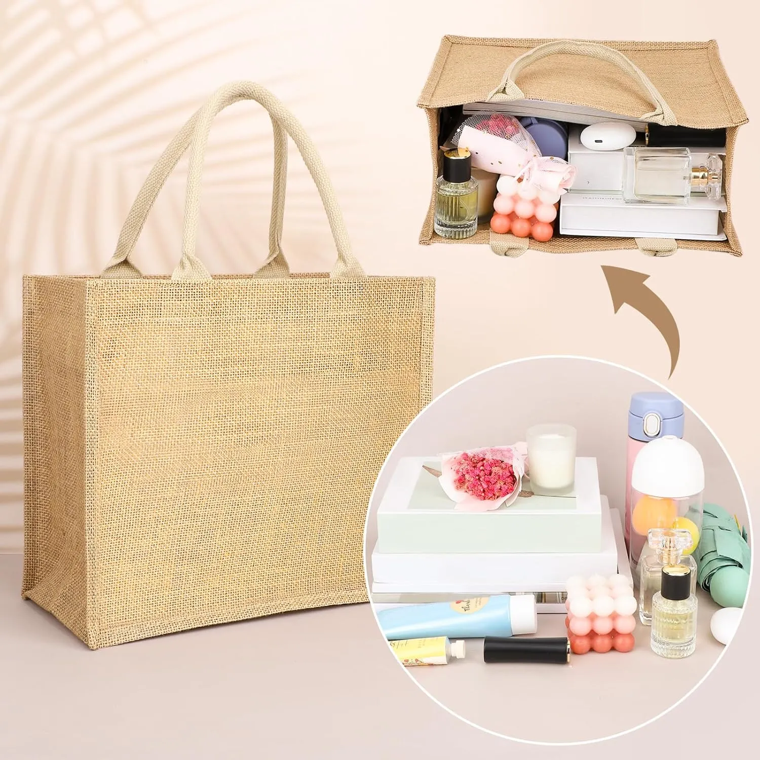 Segarty Burlap Tote Bags, 6 Pack Small Natural Jute Reusable Gift Favors Blank Bag with Handles Bulk for Bridesmaid Wedding, Women Market Grocery Shopping, Bachelorette Party, Beach Trip, DIY