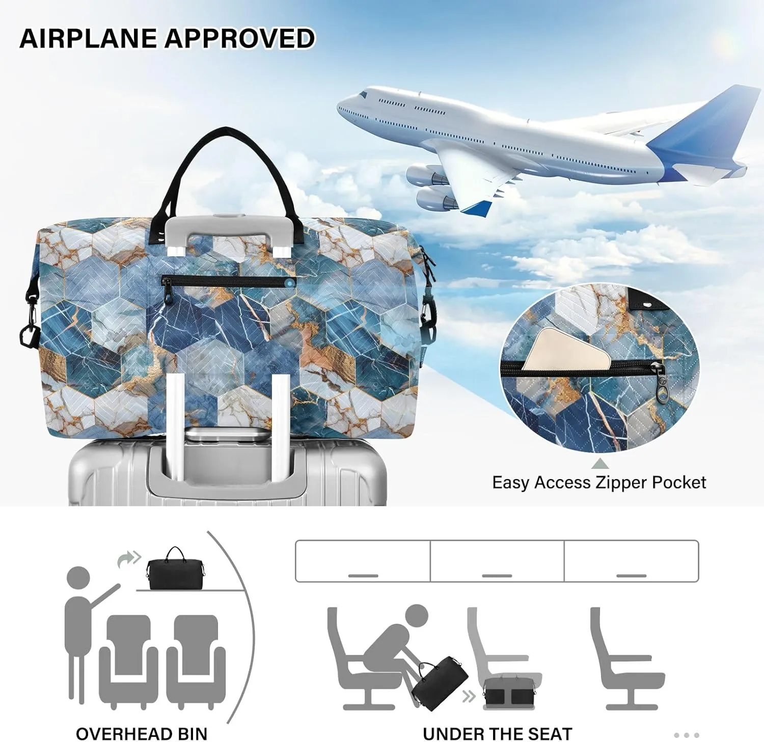 senya Weekender Bags Travel Duffel Gym Bag Hexagonal Nave Marble Carry on Overnight Tote Bag with Toiletry Bag for Airplane Travel Trip Gym Yoga, g366828860p1006c1071s2442