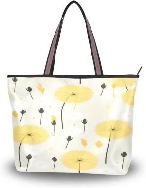 senya Woman Tote Bag Shoulder Handbag Yellow White Dandelion for Work Travel Business Beach Shopping