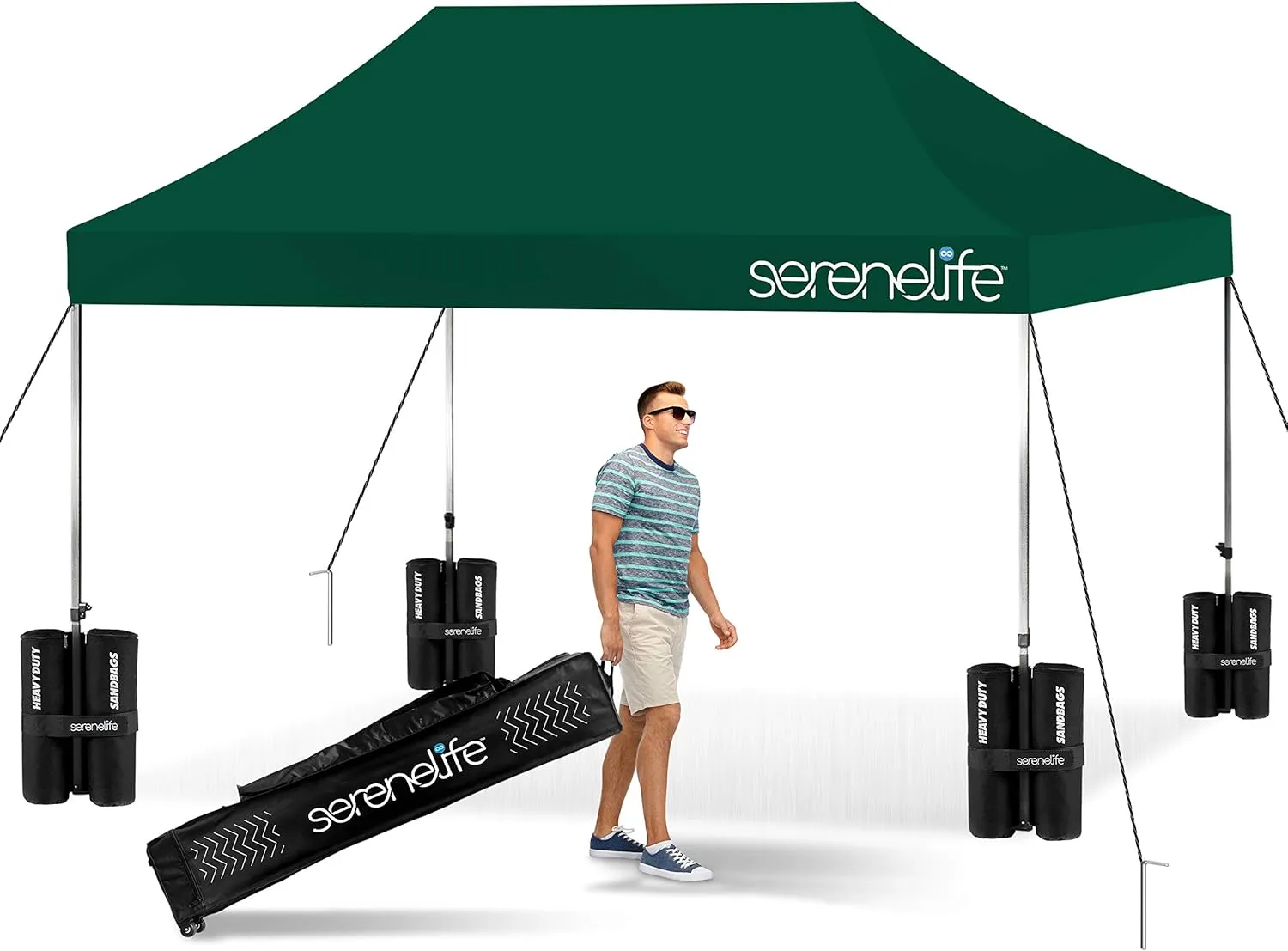 SereneLife SLGZ15FG Pop Commercial Instant Shelter-Waterproof Polyester Tent with Portable Wheeled Carry Sand Bag, 10 x 15 ft. (Forest Green), 10x15