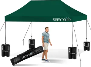 SereneLife SLGZ15FG Pop Commercial Instant Shelter-Waterproof Polyester Tent with Portable Wheeled Carry Sand Bag, 10 x 15 ft. (Forest Green), 10x15