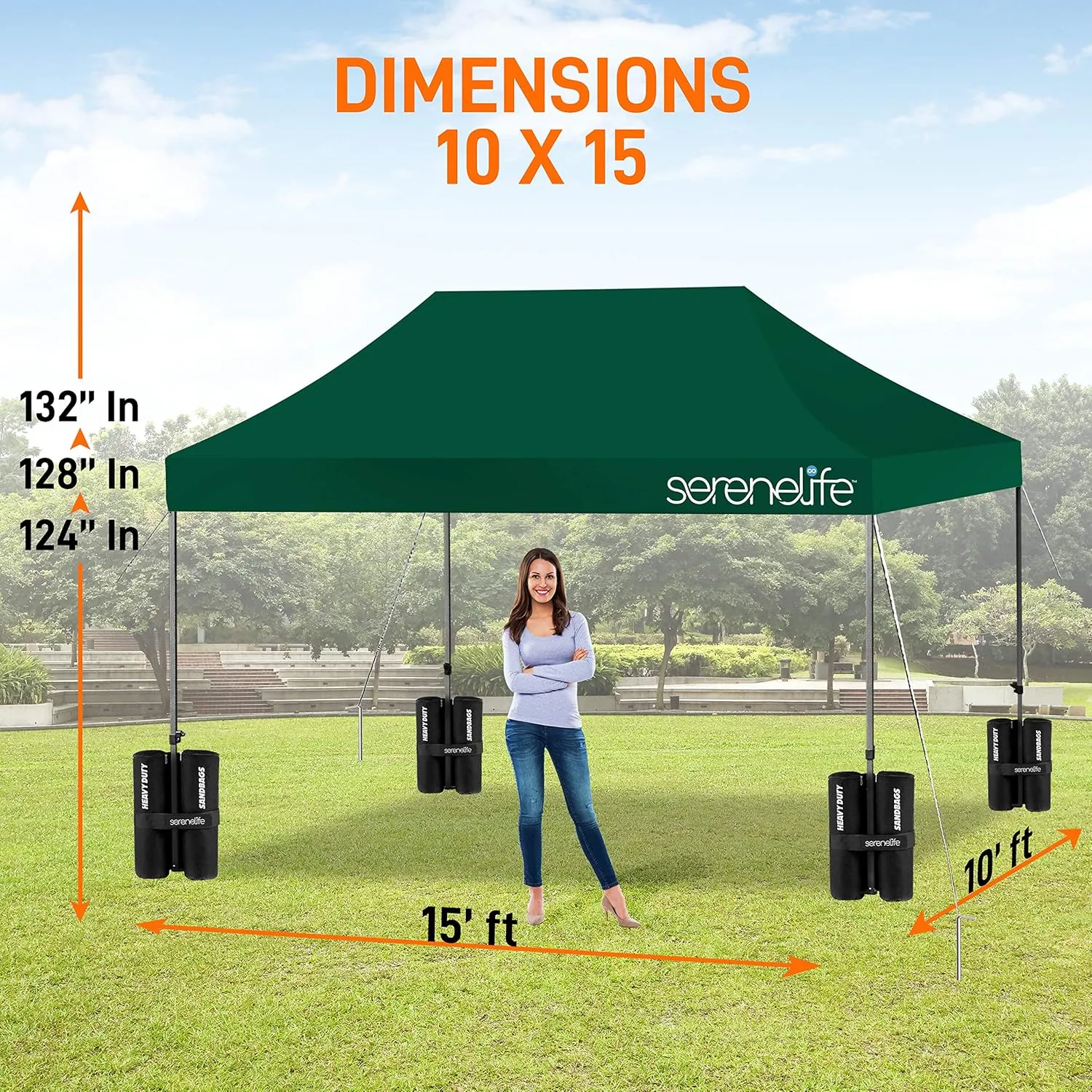 SereneLife SLGZ15FG Pop Commercial Instant Shelter-Waterproof Polyester Tent with Portable Wheeled Carry Sand Bag, 10 x 15 ft. (Forest Green), 10x15