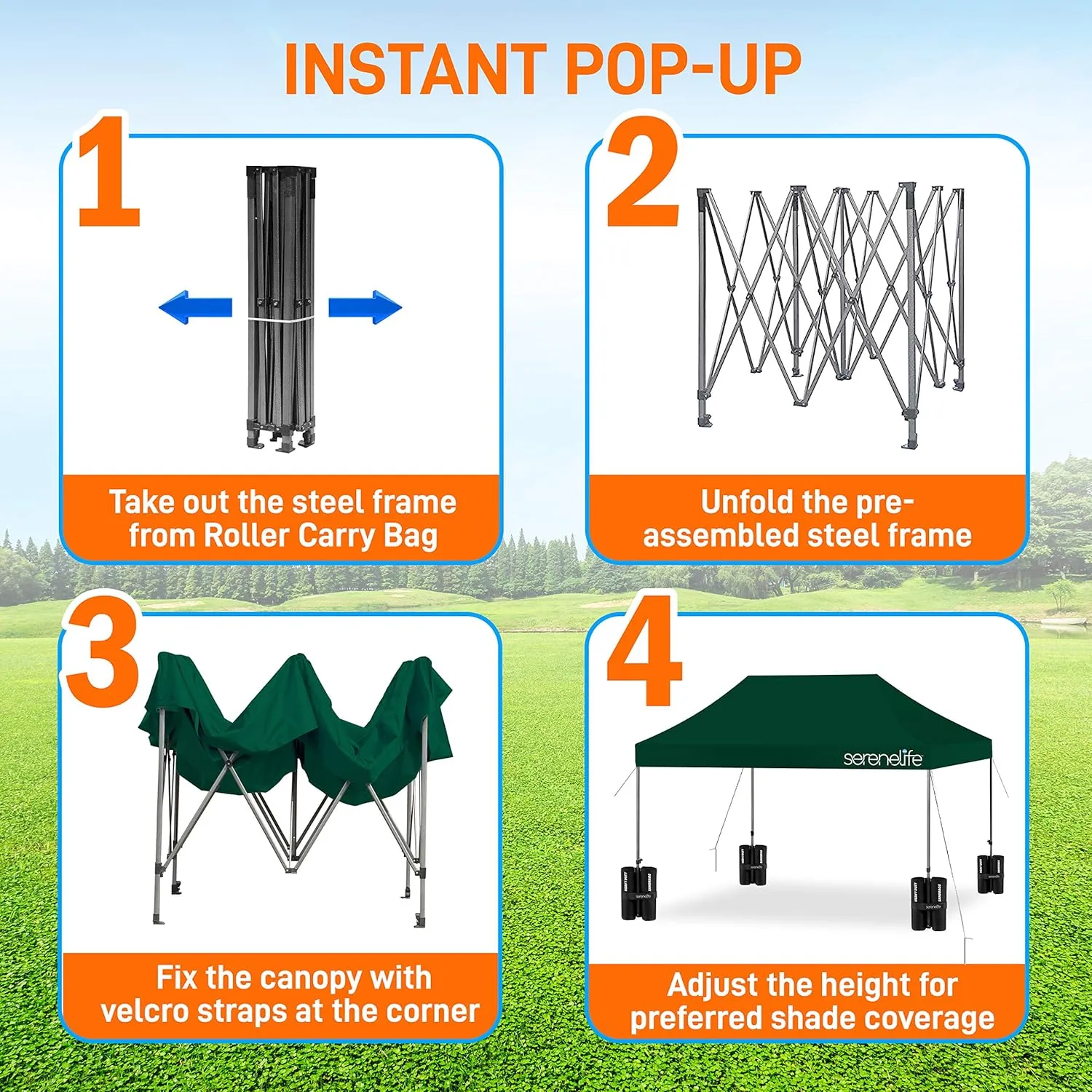 SereneLife SLGZ15FG Pop Commercial Instant Shelter-Waterproof Polyester Tent with Portable Wheeled Carry Sand Bag, 10 x 15 ft. (Forest Green), 10x15