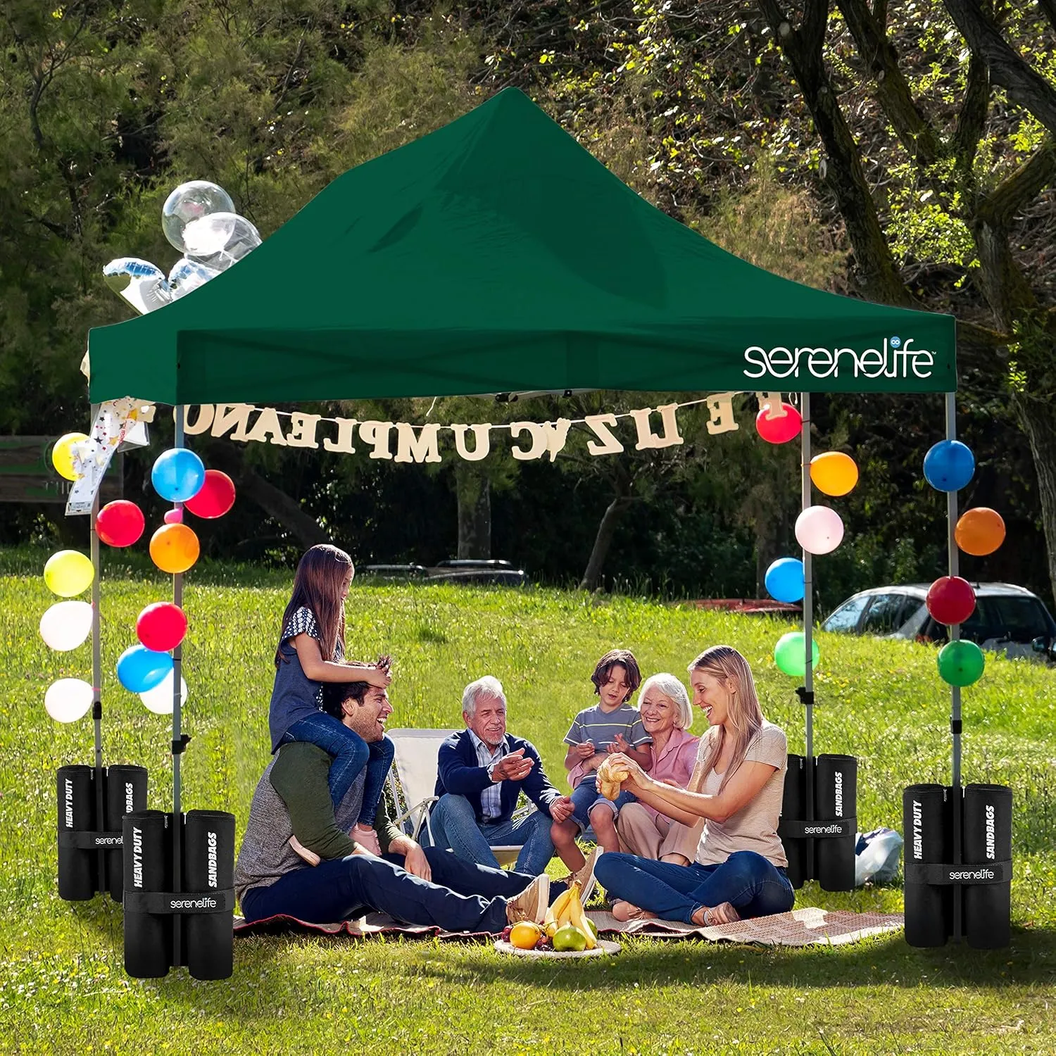 SereneLife SLGZ15FG Pop Commercial Instant Shelter-Waterproof Polyester Tent with Portable Wheeled Carry Sand Bag, 10 x 15 ft. (Forest Green), 10x15