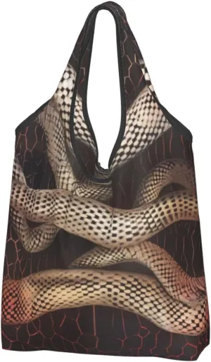 Serpentine Printed Portable Shopping Bag, Reusable Casual Shoulder Bag for Daily Use, Pack of 2, Black, One Size, black, Einheitsgröße