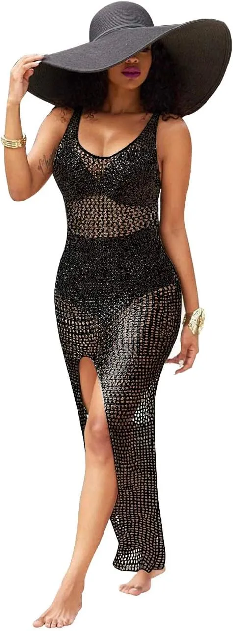 Sexy Cover Ups for Swimwear Women Casual See Through Crochet Mesh Bathing Suit Dress Summer