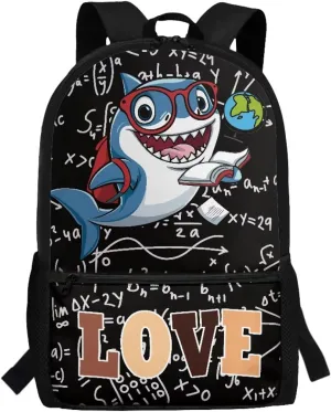 Shark Backpack for Boys 6-8 Math Knowledge 17 Inch Elementary School Bag with Dual Zipper Roomy Storage Bookbag Padded Shoulder Strap Daycare Bags