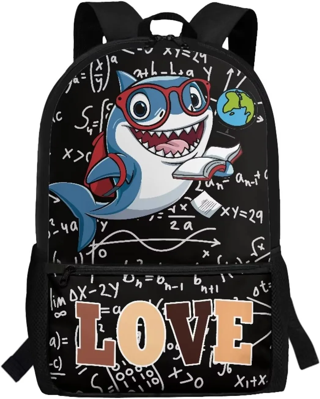 Shark Backpack for Boys 6-8 Math Knowledge 17 Inch Elementary School Bag with Dual Zipper Roomy Storage Bookbag Padded Shoulder Strap Daycare Bags
