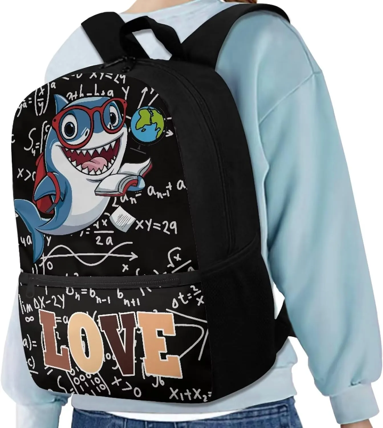 Shark Backpack for Boys 6-8 Math Knowledge 17 Inch Elementary School Bag with Dual Zipper Roomy Storage Bookbag Padded Shoulder Strap Daycare Bags