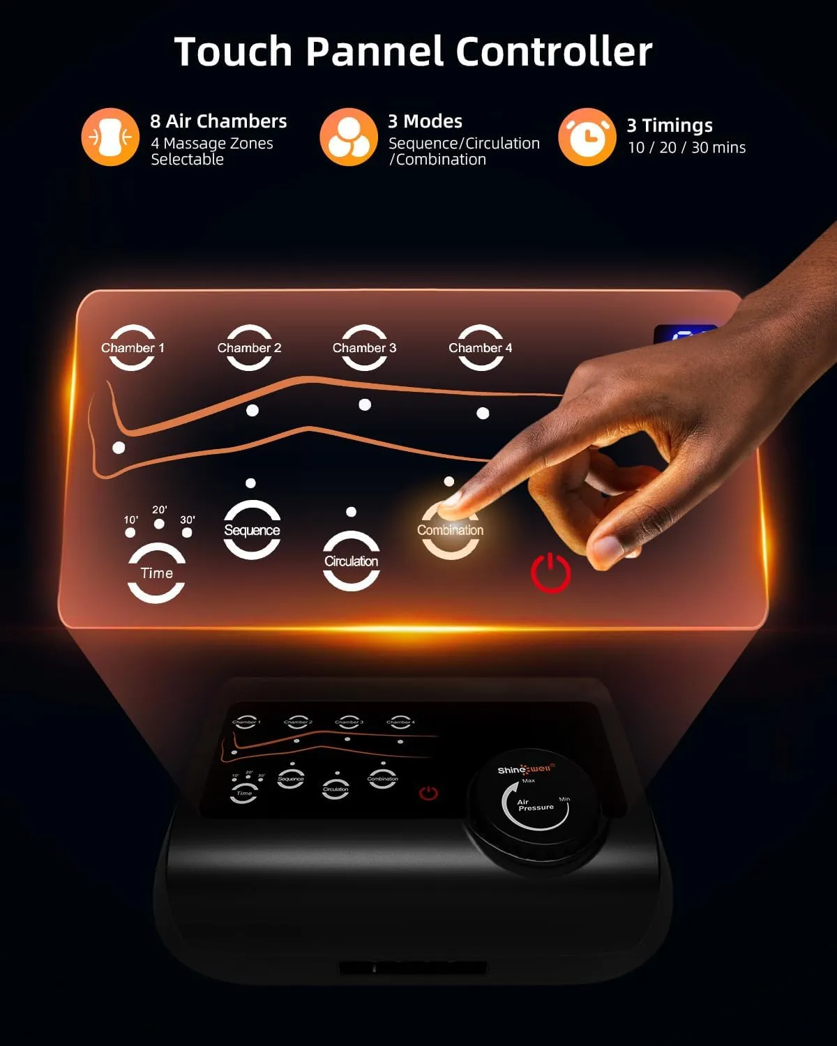 SHINE WELL Professional Leg Recovery & Massage System, Air Compression Therapy Device with 11 Intensities, 4 Selectable Massage Areas (Large)