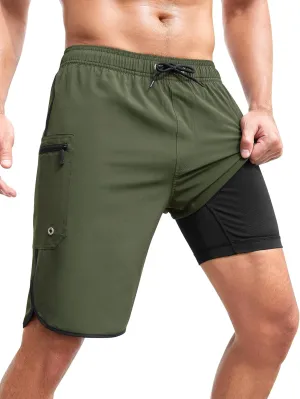 SILKWORLD Mens Swim Trunks with Compression Liner 9 Inch Long Bathing Suit 2 in 1 Beach Quick Dry Shorts with Pockets