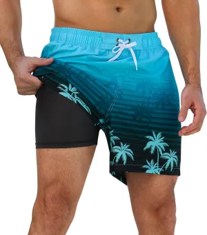 SILKWORLD Mens Swimming Trunks 2 in 1 Quick Dry Bathing Suit Elastic Waist Beach Shorts with Zipper Pockets