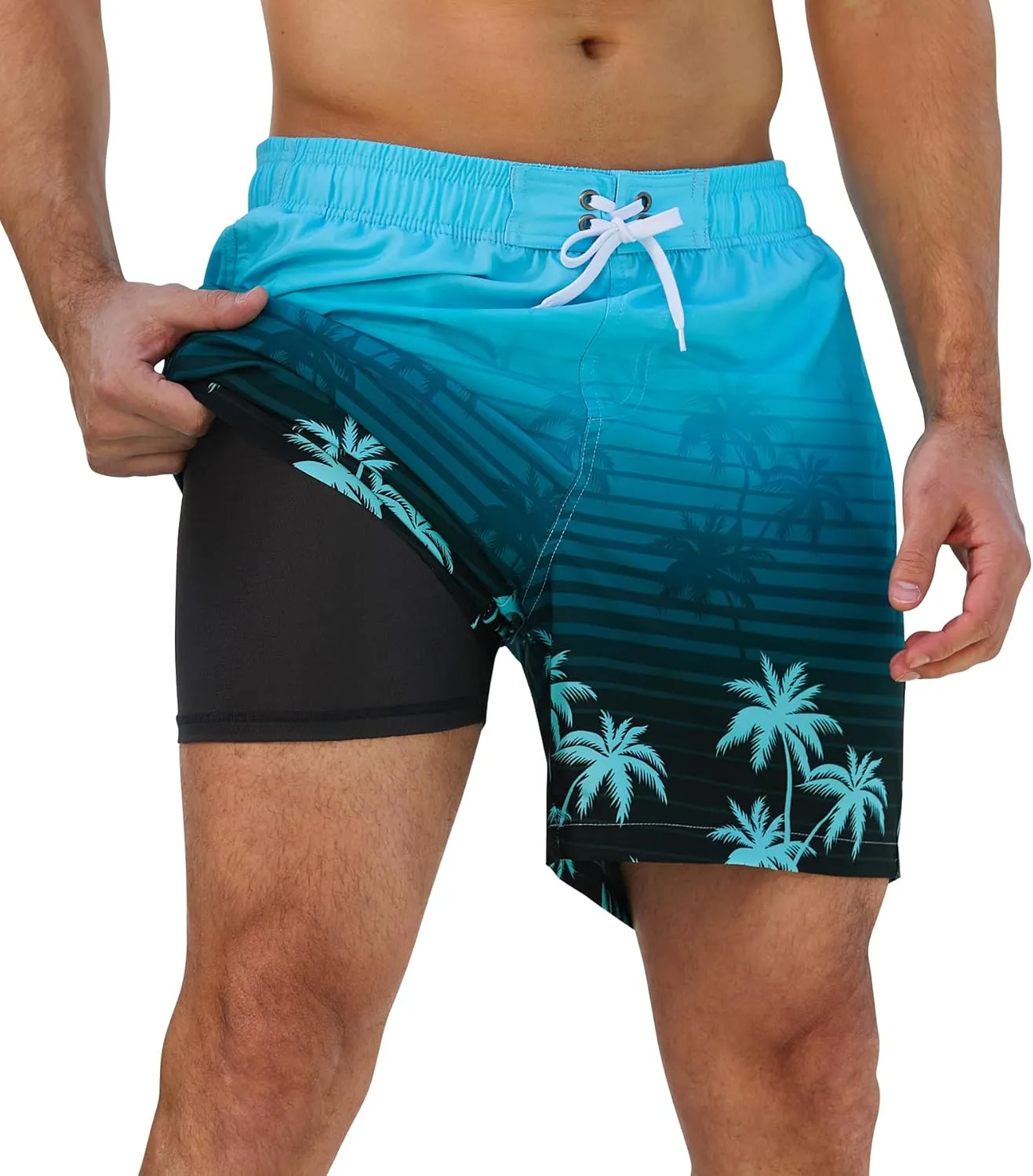 SILKWORLD Mens Swimming Trunks 2 in 1 Quick Dry Bathing Suit Elastic Waist Beach Shorts with Zipper Pockets