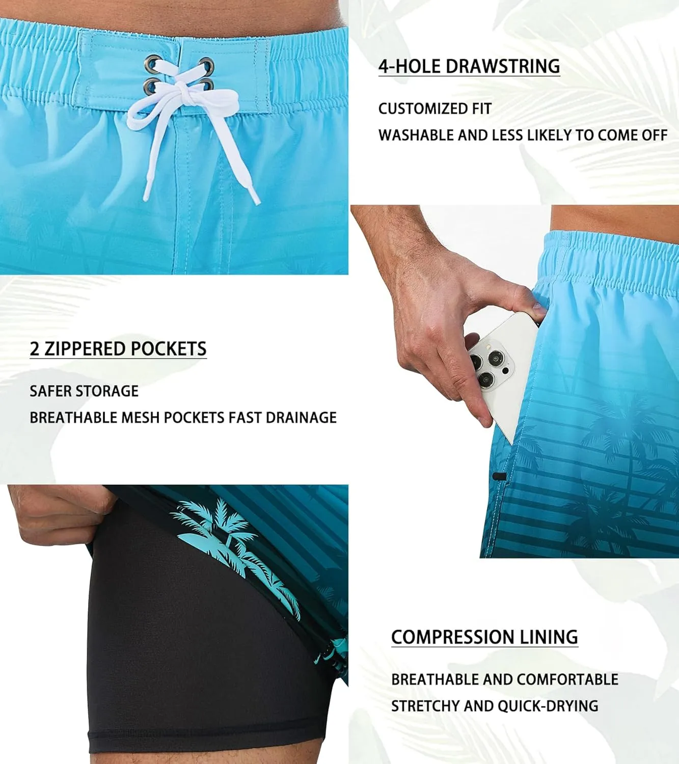 SILKWORLD Mens Swimming Trunks 2 in 1 Quick Dry Bathing Suit Elastic Waist Beach Shorts with Zipper Pockets