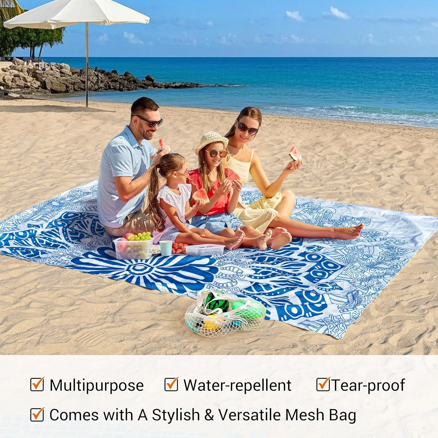 Silky Soft 108"x84" Sand Proof Beach Blanket Sand Proof Mat with Corner Pockets and Fashion Mesh Bag for Beach Party, Travel, Camping and Outdoor Music Festival, Boho Blue Mandala