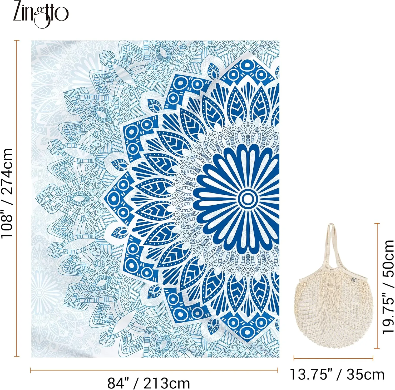Silky Soft 108"x84" Sand Proof Beach Blanket Sand Proof Mat with Corner Pockets and Fashion Mesh Bag for Beach Party, Travel, Camping and Outdoor Music Festival, Boho Blue Mandala
