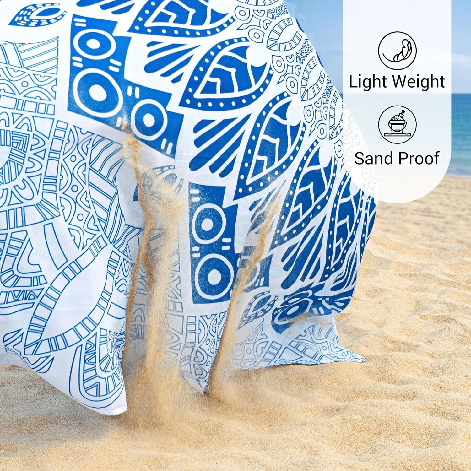 Silky Soft 108"x84" Sand Proof Beach Blanket Sand Proof Mat with Corner Pockets and Fashion Mesh Bag for Beach Party, Travel, Camping and Outdoor Music Festival, Boho Blue Mandala