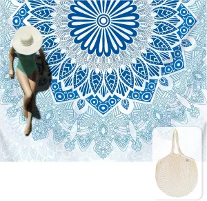 Silky Soft 108"x84" Sand Proof Beach Blanket Sand Proof Mat with Corner Pockets and Fashion Mesh Bag for Beach Party, Travel, Camping and Outdoor Music Festival, Boho Blue Mandala